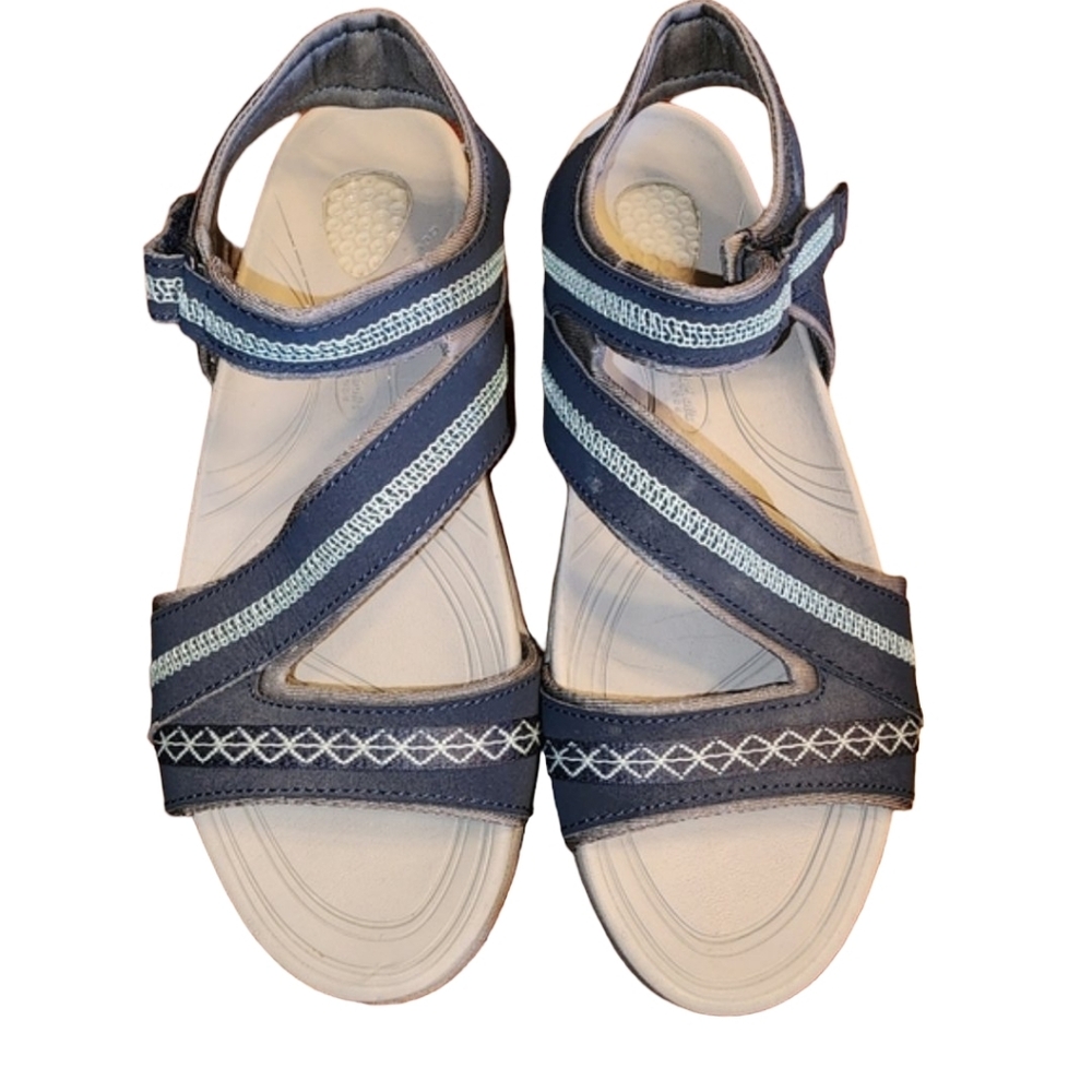 DR. SCHOLL'S Dynomite Navy and Gray Leather Adjustable Strap Sandals Sz 10 EUC